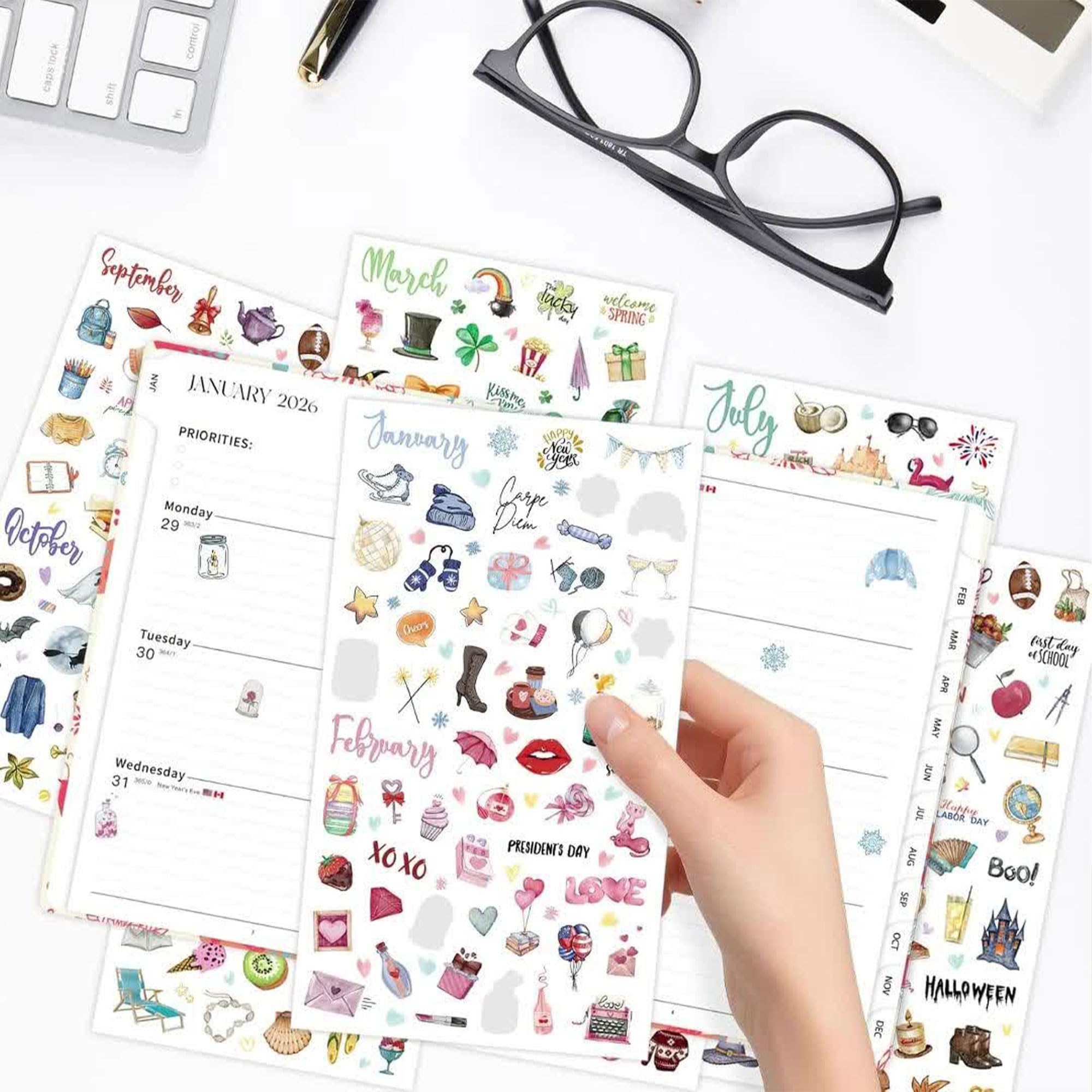 6 Sheets Monthly & Holiday Planner Stickers, 12 Month Cartoon Themed Decorative 