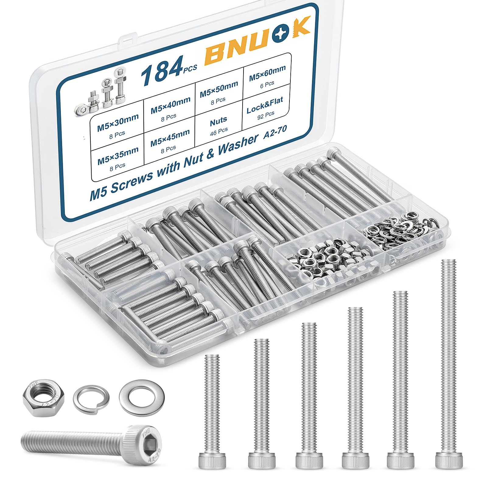 BNUOK 184 PCS M5 Screws Assortment Kit, 304 Stainless Steel M5 Bolts Kit, M5x 30