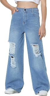 EXARUS Girls Jeans Wide Leg Baggy Pants Ripped Denim Teen 6-16Y