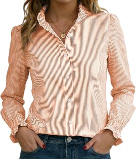 Funlingo Women's Striped Button Down Shirts Long Sleeve Smocked Cuffed Ruffle Collar Blouses Spring Work Business Casual Tops