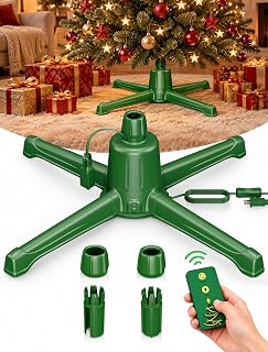 COOLWUFAN Rotating Christmas Tree Stand for 9 ft Artificial Trees | 360° Revolving Christmas Tree Base with Remote Control & Built-in Outlets, Holds Up to 120 lb and Fits 0.8–1.5 in Tree Poles