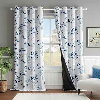 Beauoop Botanical Print Window Curtains 241 cm Long 95% Blackout Thermal Insulated Eyelet Curtains 132 x 241 cm White/Navy Blue/Blue (2 Panels)