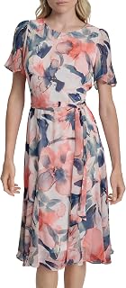 DKNY Women's Flutter Sleeve Round Neck Waist Tie Midi Dress