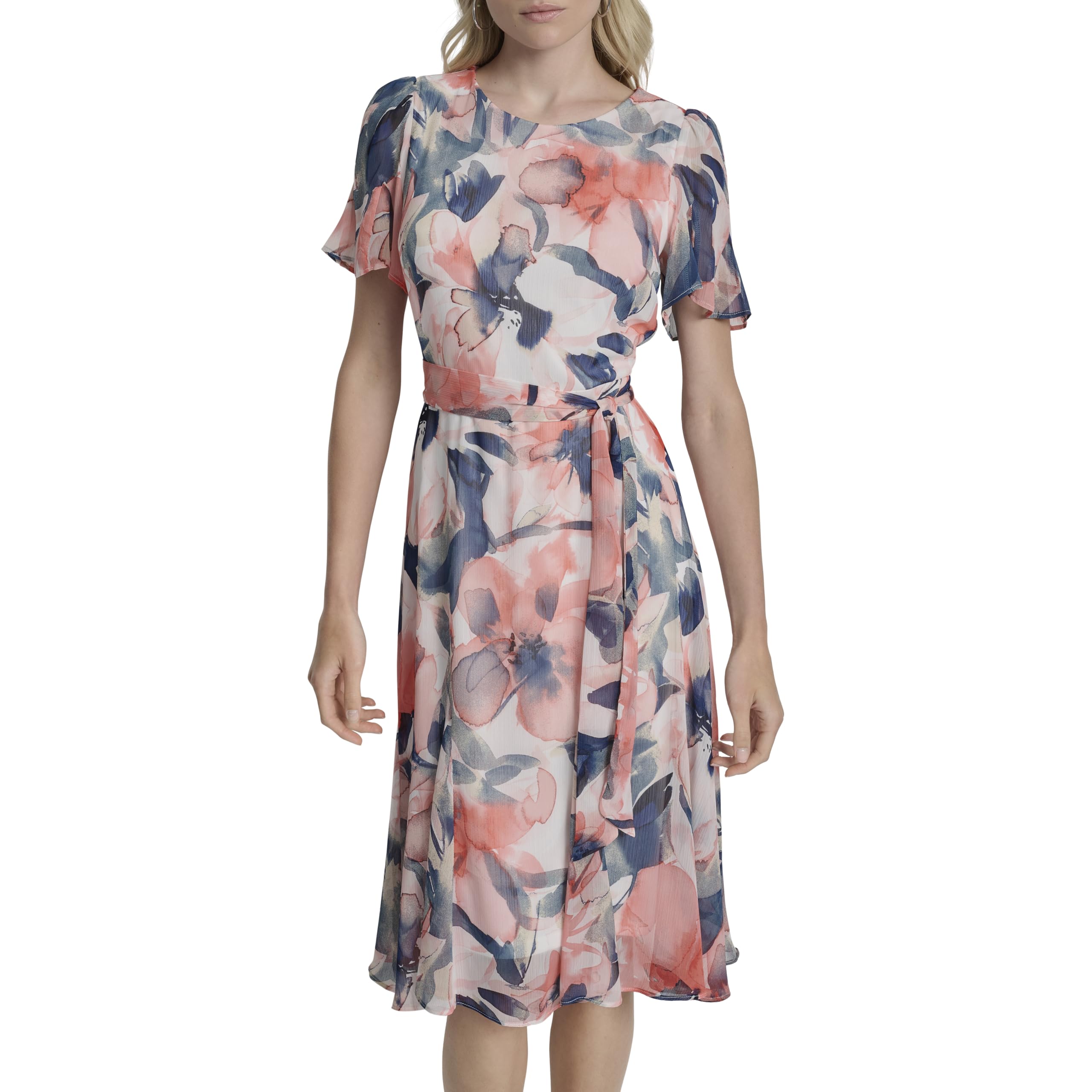 DKNY Women's Flutter Sleeve Round Neck Waist Tie Midi Dress