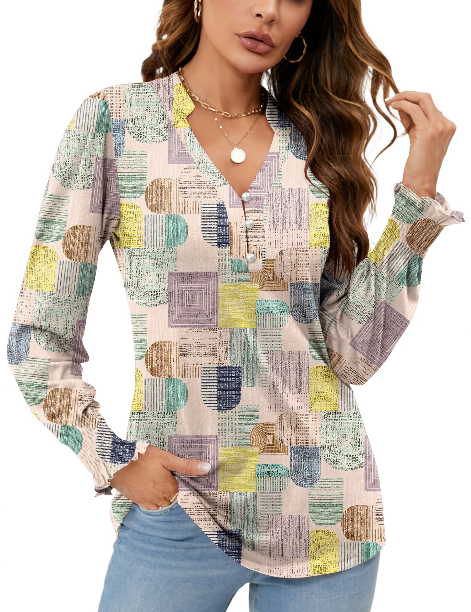 Rapbin Women V Neck Blouses Long Sleeve Button Down Long Sleeve Blouses Autumn T
