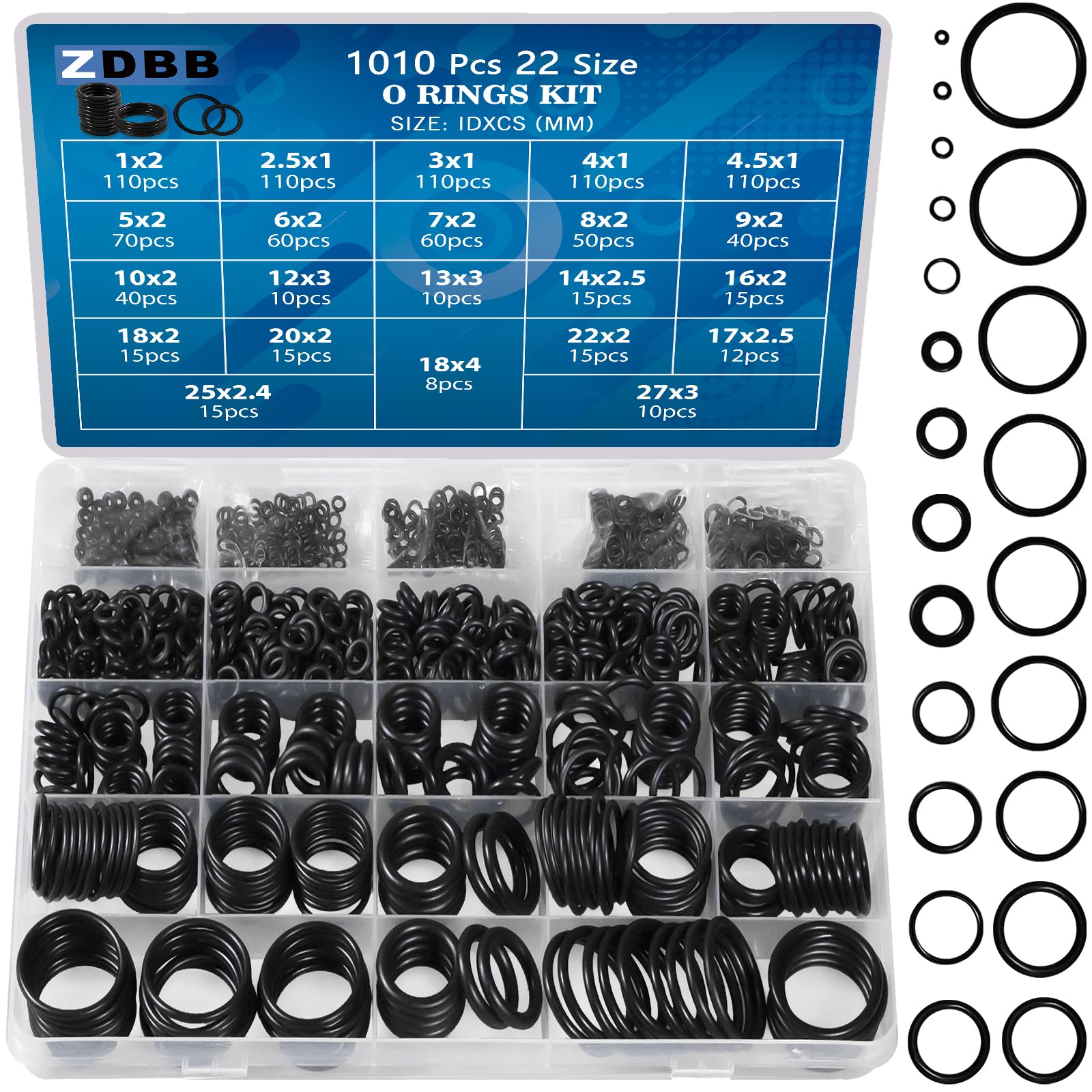 ZDBB 1010 Pcs Rubber O Rings Kit 22 Size Universal O-Ring Assortment Set for Aut