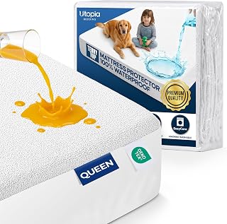 Waterproof Queen Size Mattress Protector fits Upto 17" Deep Pocket | Utopia Bedding 200 GSM Soft & Breathable Mattress Cover, Dirt-Proof, Noiseless, Machine Washable Fitted Sheet Style, White