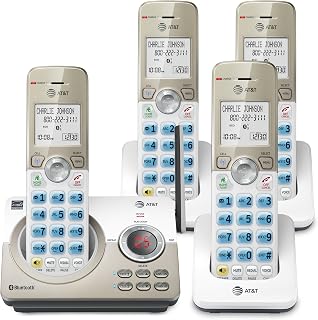 AT&T DL72419 DECT 6.0 4-Handset Cordless Phone for Home with Connect to Cell, Call Blocking, 1.8" Backlit Screen, Big Buttons, intercom, and Unsurpassed Range, White/Champagne