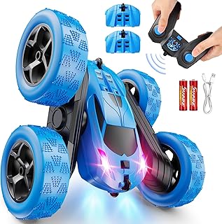 QUNREDA Remote Control Car, RC Cars Toys for Kids Ages 6-12, 4WD Stunt Car with LED Lights & 360° Flips, 2.4GHz, Upgraded USB-C Modular Batteries, 8-10 Year Old Boys Birthday Gift 1-Blue