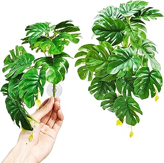 Woyrise Reptile Plants for Terrarium, Artificial Hanging Plants with Suction Cups, Amphibian Tank Habitat Decor Plastic Plant for Bearded Dragons Lizards Snake Geckos Frogs - 2Pcs Fake Monstera