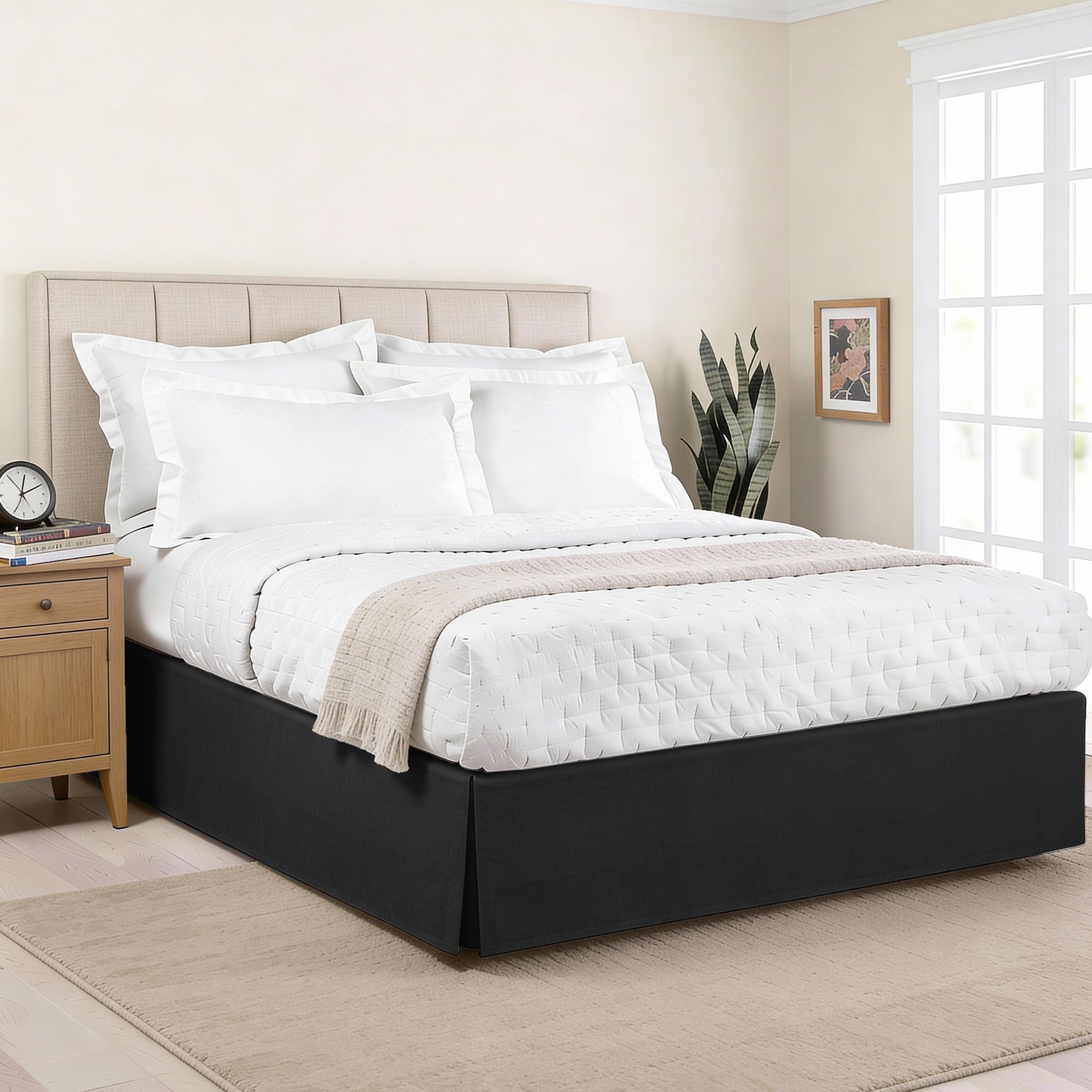 Luxury Hotel Tailored Bed Skirt, Box Pleats, 14 Inch Drop, Queen, Black