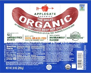 APPLEGATE ORGANICS Uncured Beef Hot Dog, 10oz | No Antibiotics Ever, 100% Grass-Fed & Pasture-Raised Beef, 6 links