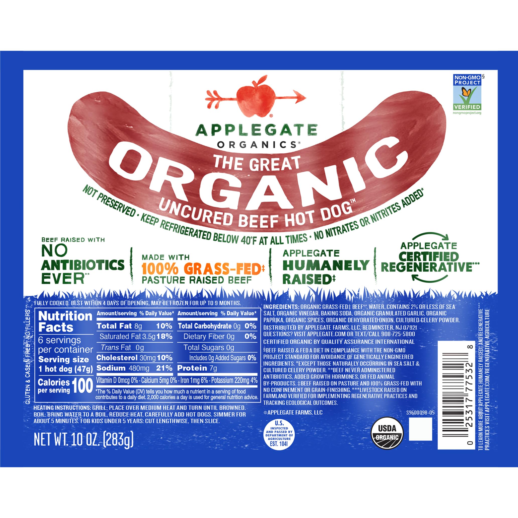 APPLEGATE ORGANICS Uncured Beef Hot Dog, 10oz | No Antibiotics Ever, 100% Grass-