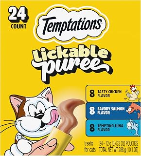 Temptations Creamy Puree Cat Treats, Chicken, Salmon & Tuna, 24 Count | Chicken, Salmon, Tuna flavors, under 15 cal/tube, no added sugar/fillers, squeezable treat or meal topper, great for seniors