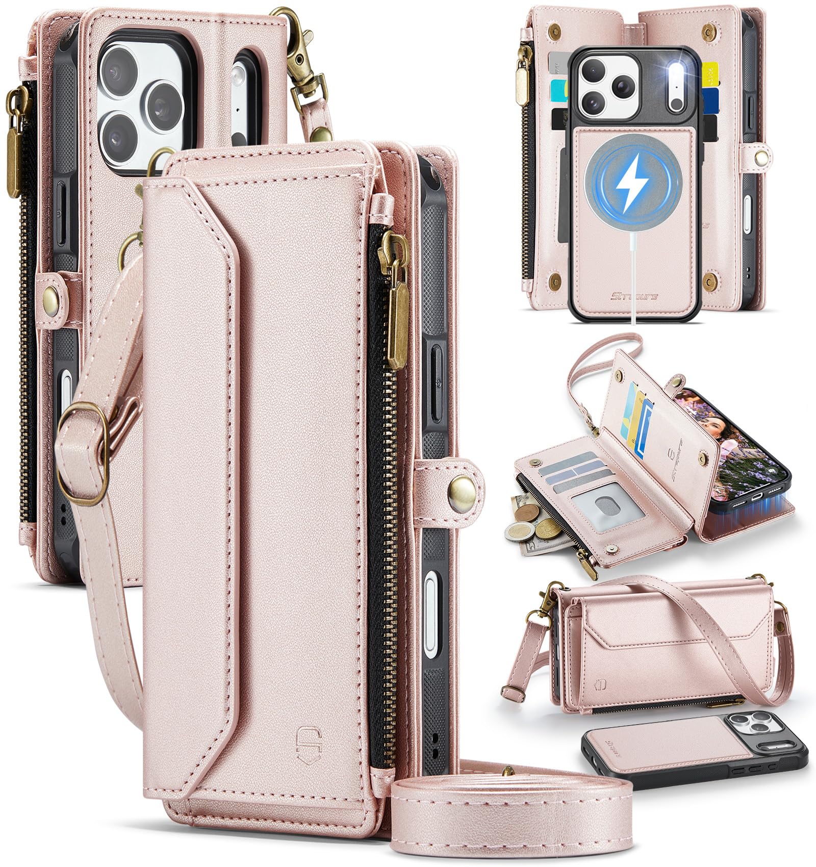 Strapurs for iPhone 17 Pro Max Magnetic Detachable Wallet Case, Rose Gold | Comp