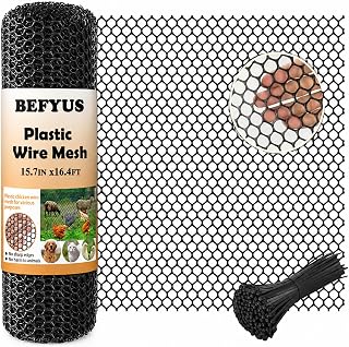 Plastic Chicken Wire Mesh Fence Roll - BEFYUS 15.7IN x 16.4FT Garden Fencing Animal Barrier with Zip Tie，Temporary Use Poultry Wires Netting for Pet,Dogs,Deer Rabbit (Black)