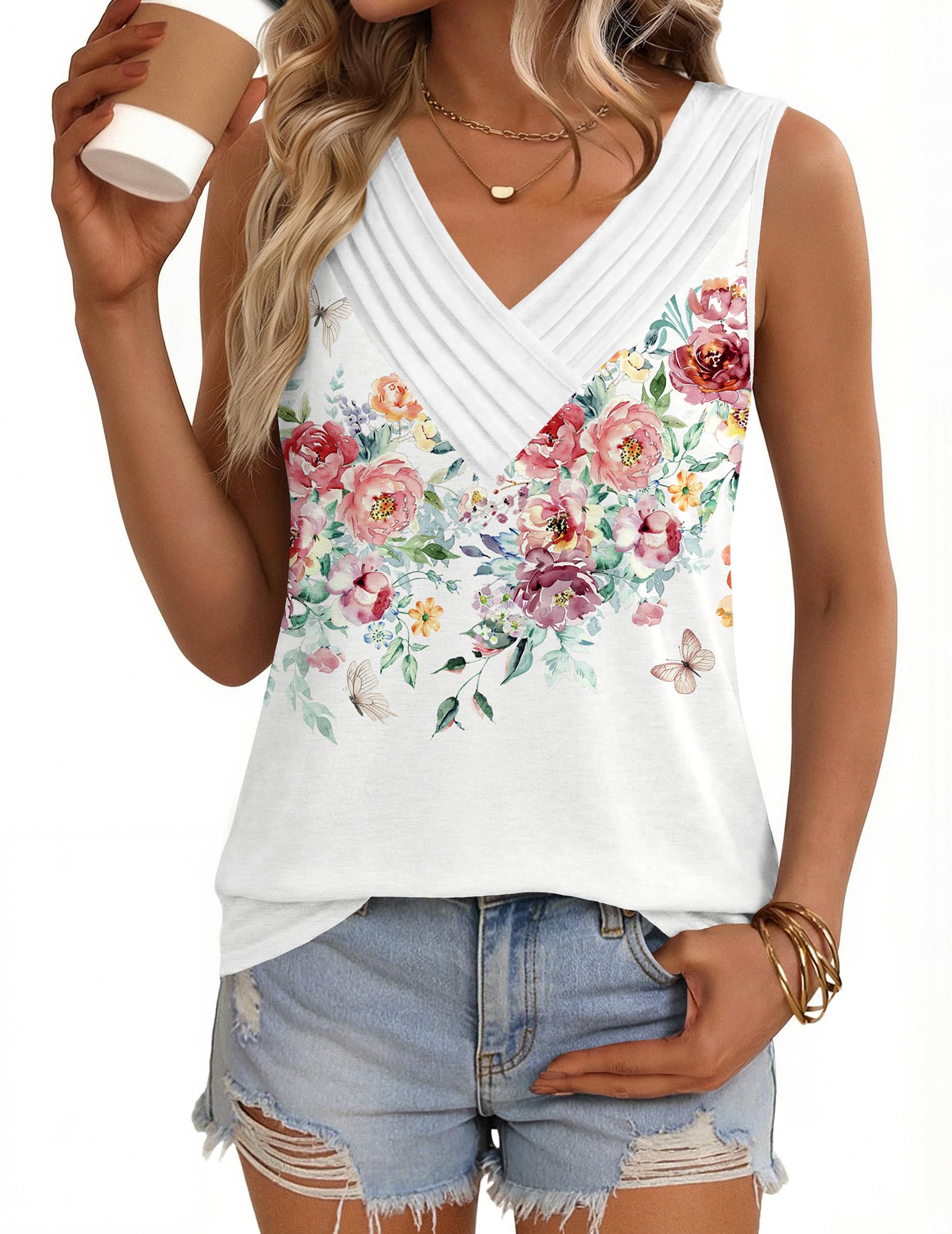 Zeagoo Womens Tank Tops 2026 Summer Sleeveless Loose Fit Tops V Neck Pleated Tre