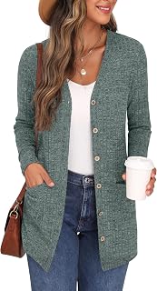 GRECERELLE Women's Long Cardigan Long Sleeve Elegant Comfortable Front Opening Buttons Pockets Sweater Lightweight V-Neck