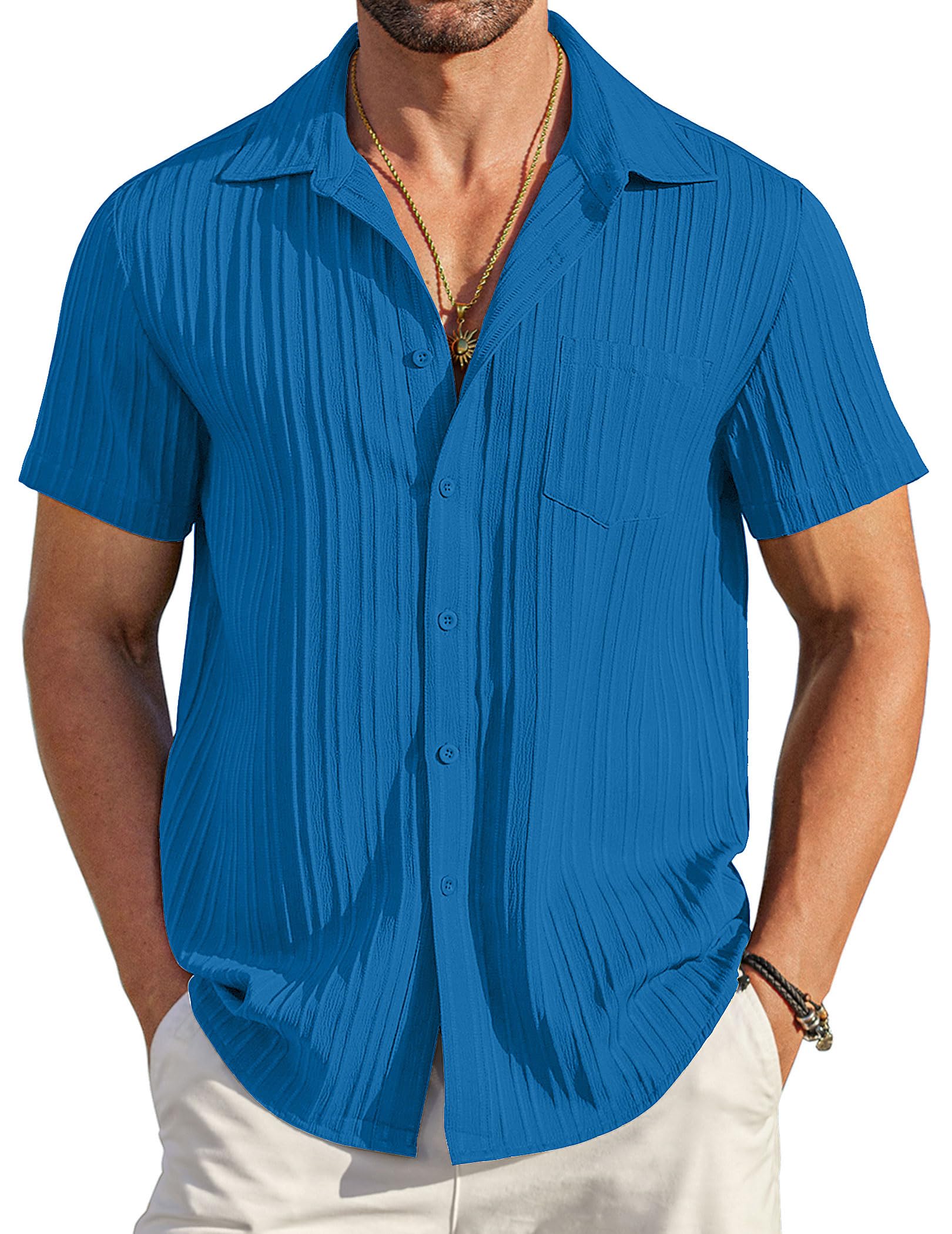 COOFANDY Men's Casual Button Down Shirts Short Sleeve Textured Summer Beach Shir