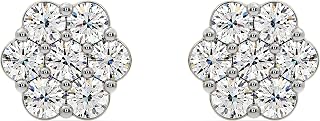 Gilded Lab-Grown Diamond 7 Stone Flower Earrings for Women in 925 Sterling Silver and 14KT Yellow Gold Plated Silver | Hypoallergenic Fine Jewelry | Hinged Closure | SI1 Clarity, F Color |1/4,1/2, 1,2 Carat Total Weight