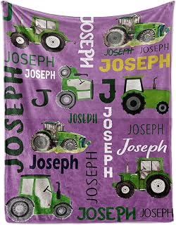 Personalized Tractors Blanket - Custom Name with Farm Tractor Trucks Design - Soft Plush Minky Flannel Bed Blanket for Baby Kid Teen Boys Girls Customized Gifts Purple