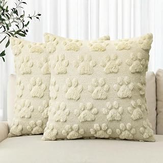 AVOIN colorlife Christmas Pet Dog Paws Beige Throw Pillow Covers, 18 x 18 Inch Soft Plush Faux Fur Jacquard Cushion Case Farmhouse Decoration for Sofa Couch Set of 2