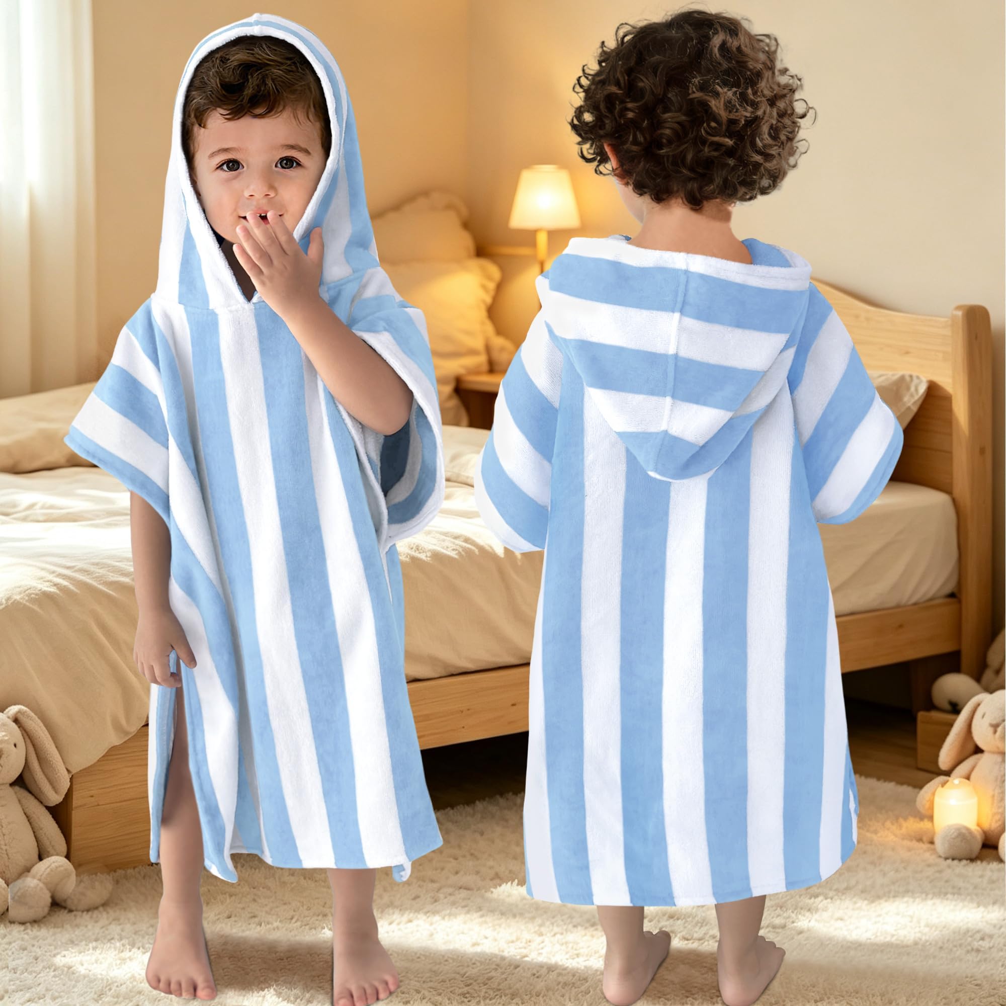 VOOVA & MOVAS Toddler Poncho Towel 1-3Y,100% Cotton, Light‑Blue Stripe | Soft & 