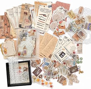Ritpviq 260-Piece Vintage Scrapbook Kit, Pen and Ink Paper and Stickers | Pen, ink and letter designs with printed papers, washi stickers, mini cards and clear pieces for junk journals.