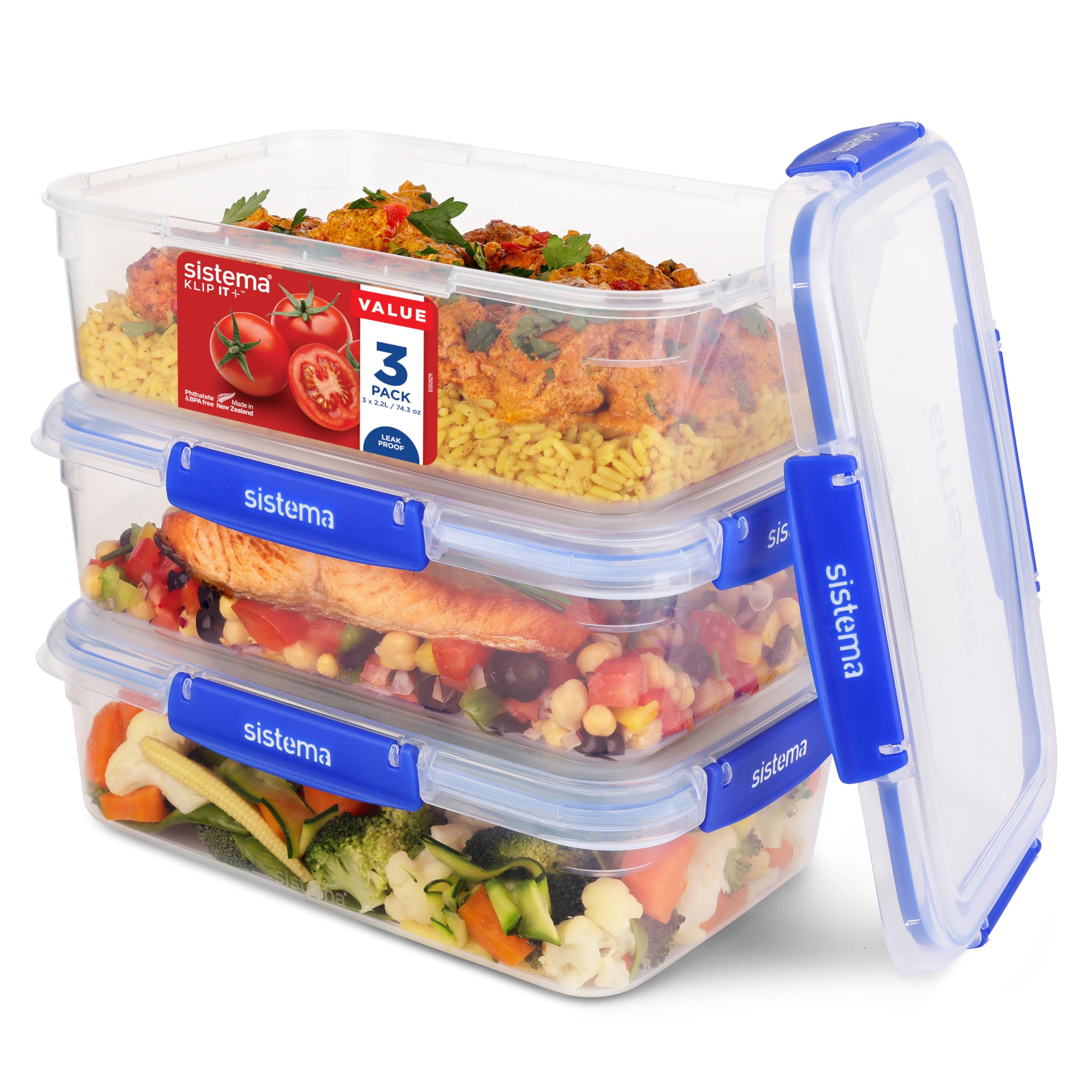 Sistema Klip It Plus Leakproof Food Storage Containers, 2.2L, Airtight, Stackabl