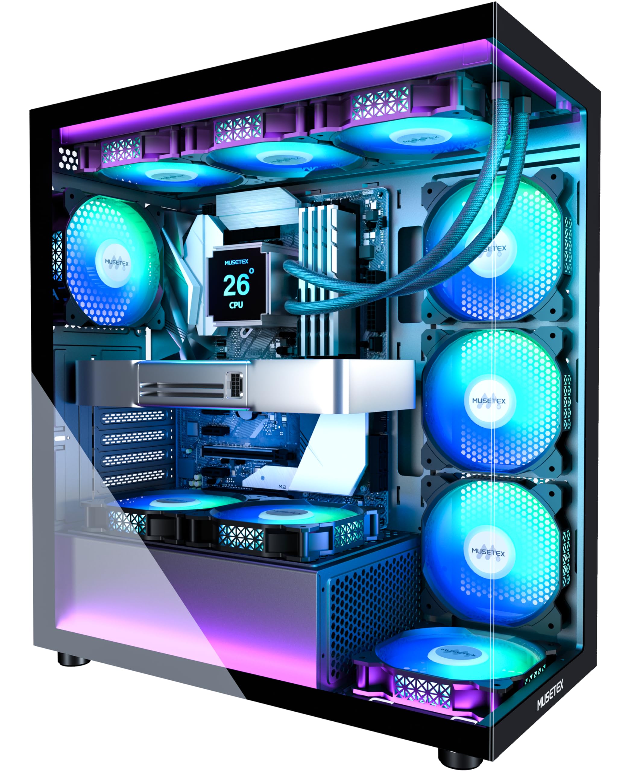 MUSETEX ATX PC Case 7 PWM ARGB Fans Pre-Installed, Type-C Mid Tower Computer Cas