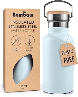 Bambaw 12 oz Insulated Water Bottle, Water Bottle Stainless Steel, Small Size with Handle Easy to Carry, For School or Work, Keeps Drinks Cold 24h & Hot 12h, Lightweight & Durable (Ice blue)