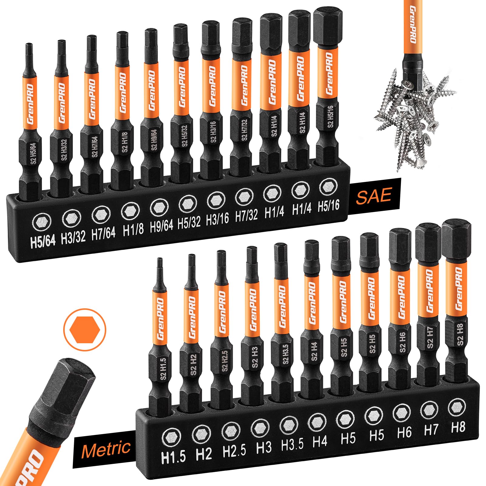 GRENPRO Allen Wrench Drill Bit Set, Metric & SAE, 22-Piece Impact Hex Bits | 2-I
