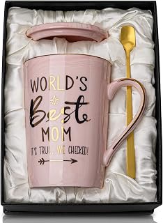 Birthday Gifts for Mom from Daughter Son, 14oz Funny Best Mom Mug, Pink | Unique Marble Gold Print Coffee Cup with Lid, Spoon, Greeting Card, Happy Moms Mothers Day Gifts Idea, Luxury Gift Boxed Set