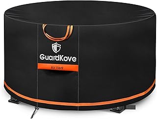 GuardKove [Upgraded 1000D Heavy Duty Fabric] 44 inch Fire Pit Cover Round | for 42"- 44" Fire Pit/Tables, Waterproof Tear & Fade Resistant Firepit Cover with Buckle, Air Vent (44"D x 24"H, Black)