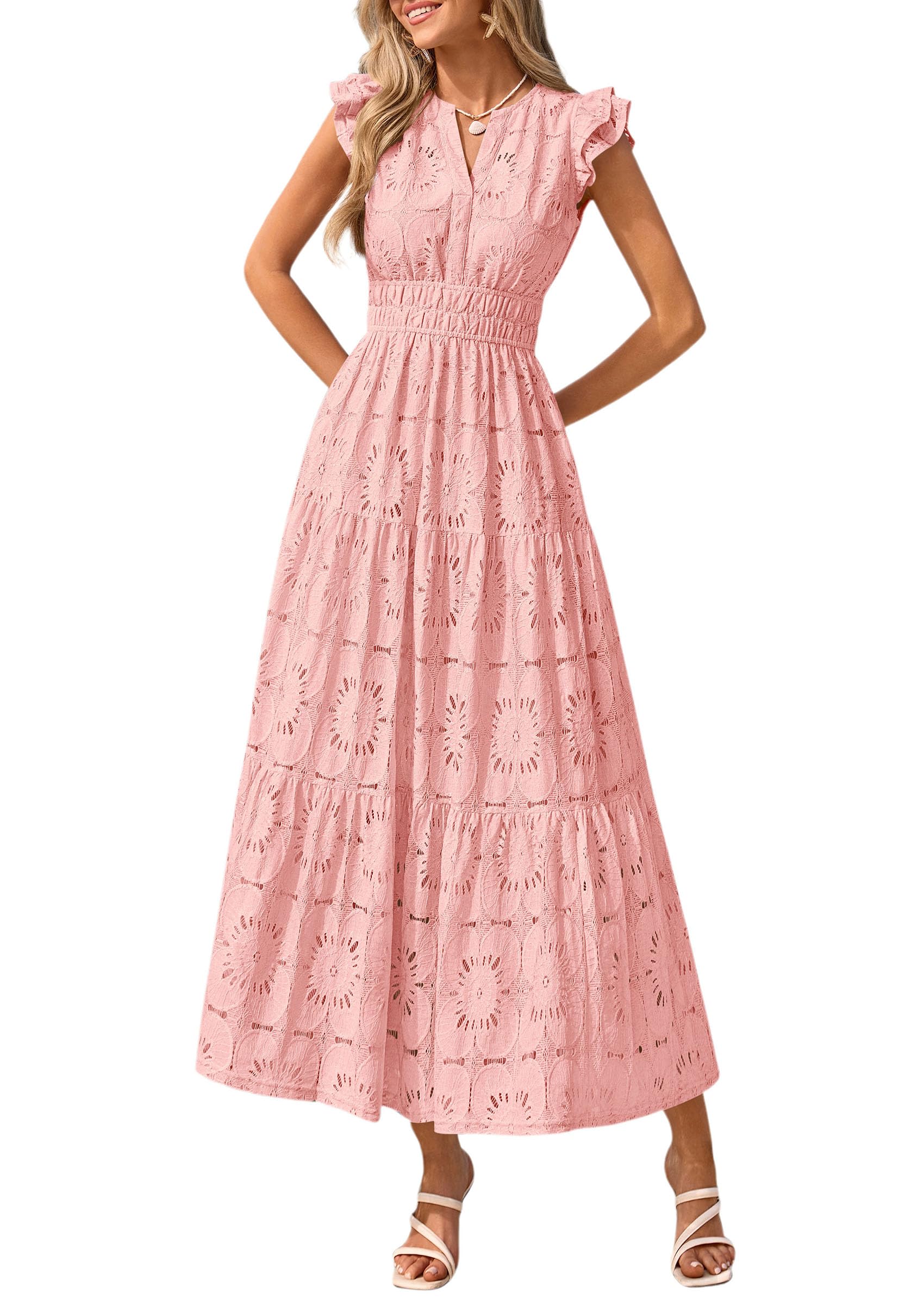 PRETTYGARDEN Maxi abiti da donna Boho 2026 estate floreale pizzo occhiello scoll