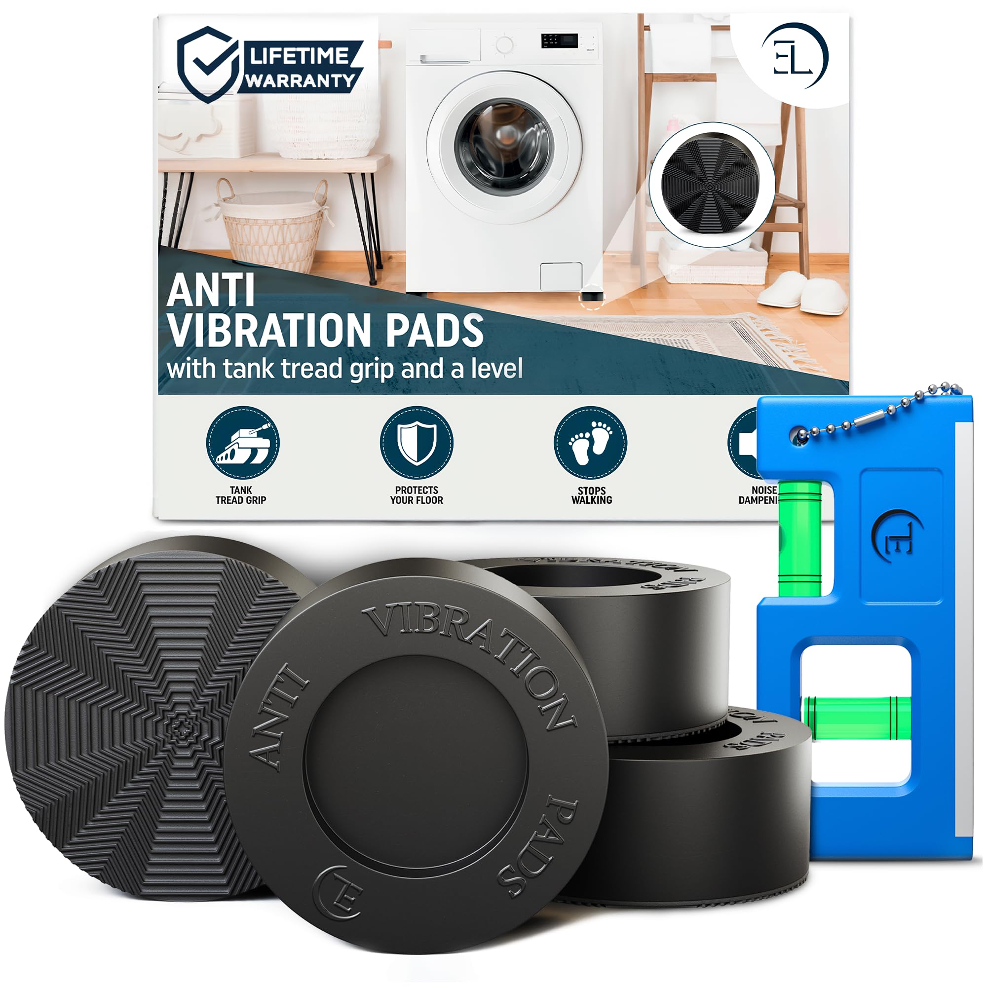 Anti Vibration Pads for Washing Machine with Tank Tread Grip - 4 Pack + Level - 