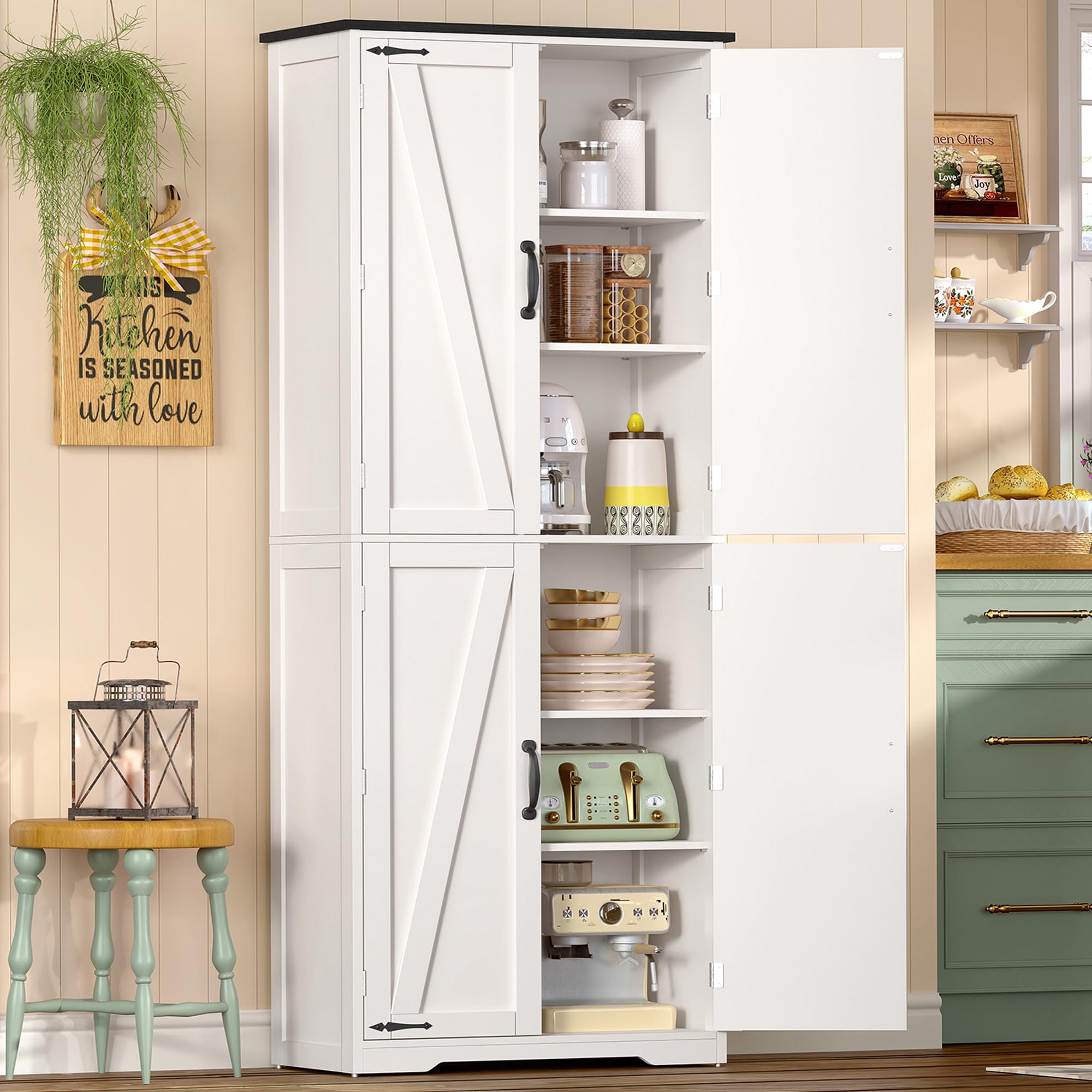 TEENFON 67" Kitchen Pantry Cabinet with 4 Doors, Farmhouse Pantry Cabinet with A