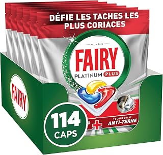 Fairy Platinum Plus All-in-1 Dishwasher Tablets Lemon Scent x114 | (19x6) Anti-dull technology. Restores the shine. Prevents limescale. Integrated Pre-Wash System. Effective in Short Cycle