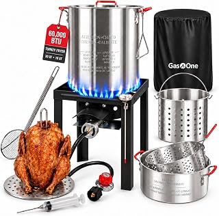 GasOne 60,000 BTU Whole Turkey Fryer, 30Qt & 10Qt Boiler Set | 60,000 BTU burner, fits a whole turkey, dual aluminum pots, cover, skimmer, thermometer, injector & rack