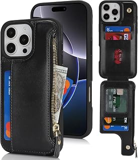 Cavor Custodia a portafoglio per iPhone 16 Pro Max con porta carte, custodia a portafoglio per iPhone 16 Pro Max da donna, custodia per iPhone 16 Pro Max con portafoglio, tasca in pelle con cerniera