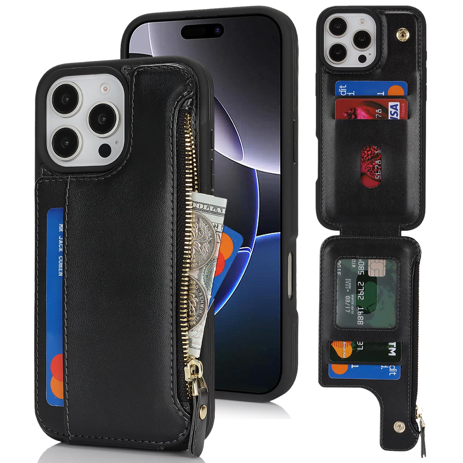 Cavor Custodia a portafoglio per iPhone 16 Pro Max con porta carte, custodia a p
