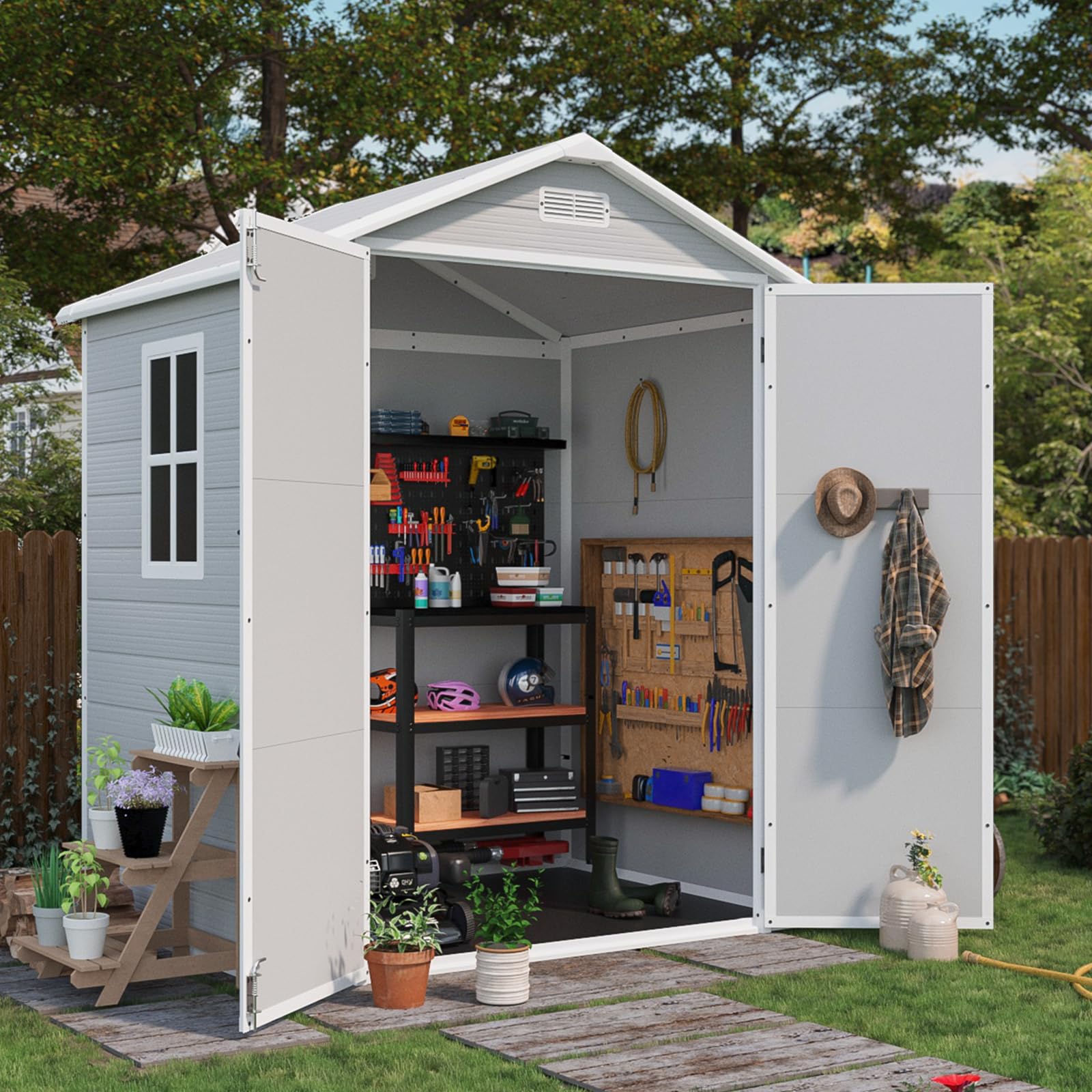 Patiowell 6x4 FT Plastic Outdoor Storage Shed with Floor, Light Gray | Resin Out