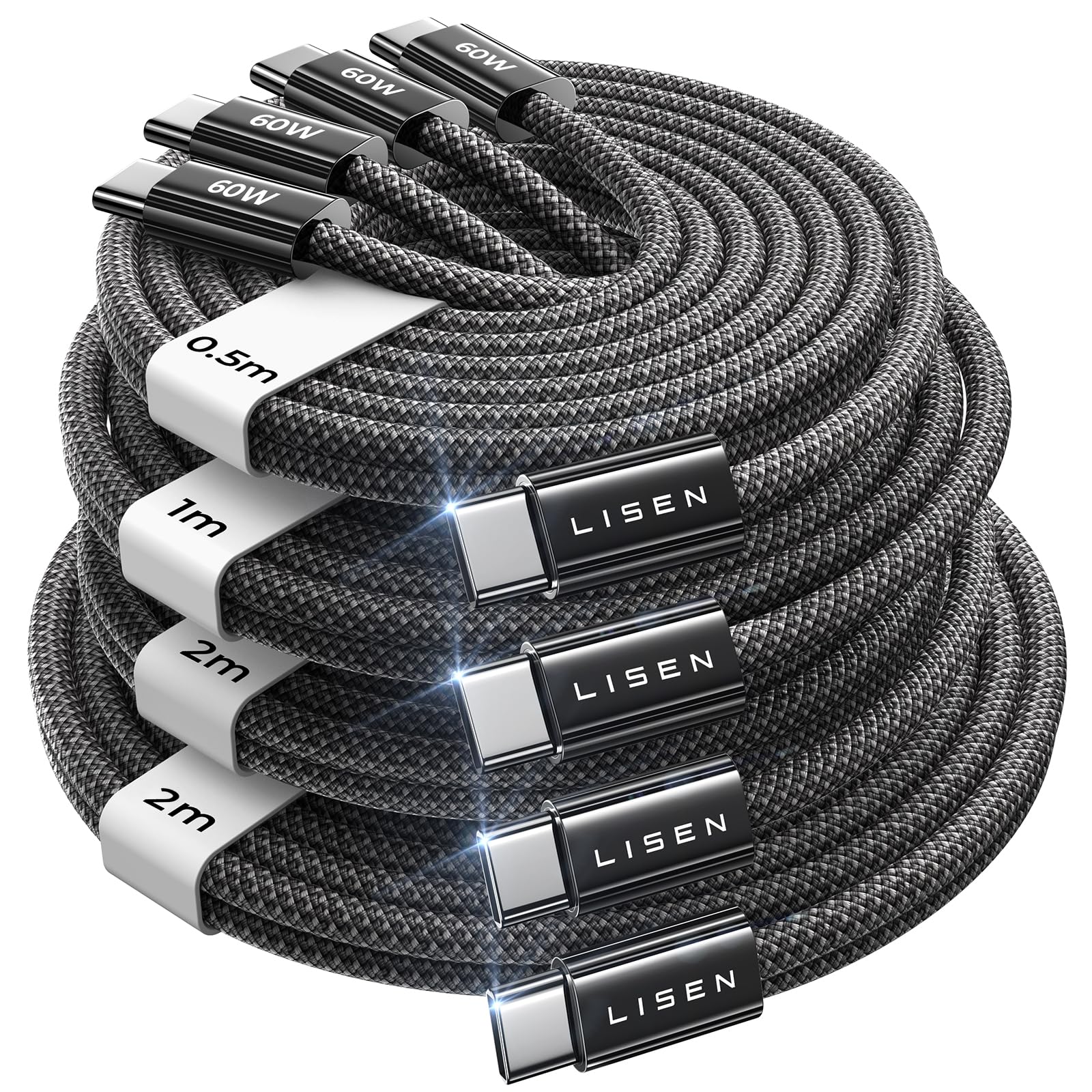 LISEN USB C to USB C Cable Charger 60W 4-Pack [0.5/1/2/2M] USBC to USBC | C to T