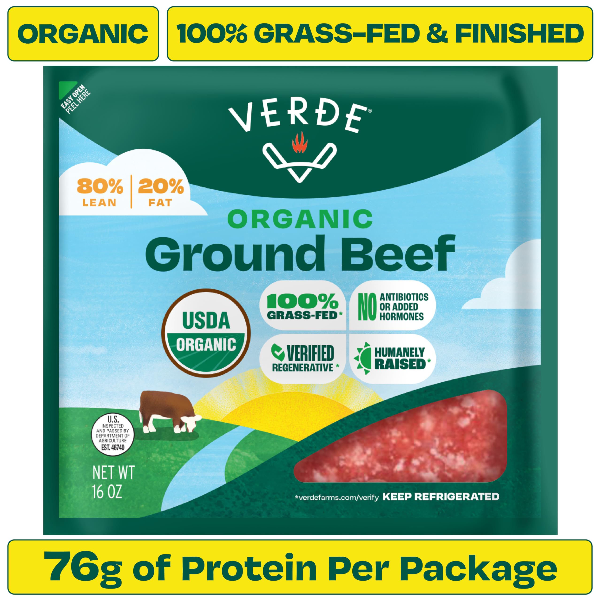 Verde Farms, Ground Beef 80% Lean/20% Fat, Organic, Grass-Fed, 1 lb
