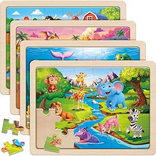 SYNARRY Large Wooden Dinosaur Farm Safari & Sea Life Puzzles for Kids 3-5 | 4-Pack 24-Piece Puzzles for Kids Ages 4-6, Animal Puzzles for Toddlers 3-5, Screen-Free Play, Birthday Gifts Toys