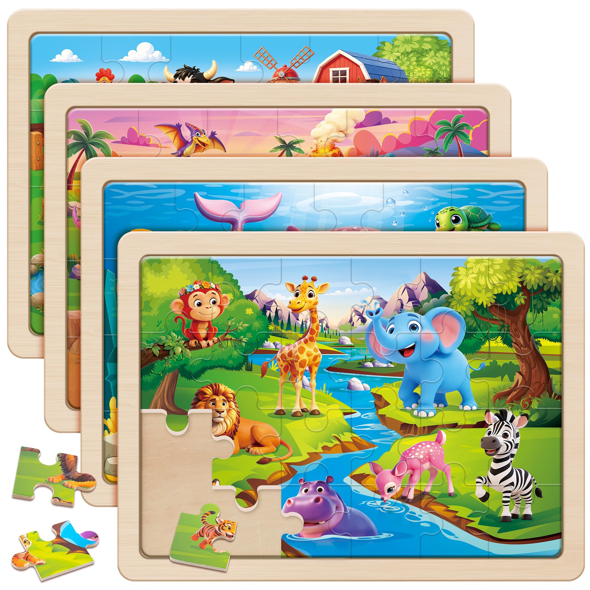 SYNARRY Large Wooden Dinosaur Farm Safari & Sea Life Puzzles for Kids 3-5 | 4-Pa