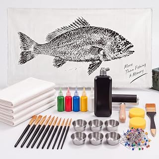 Amyhill Gyotaku Fish Printing Kit with 4 Sheet Cotton Cloth, 36 x 18 Inches | Japanese Fish Art Set, Sumi Ink, 5 Colors Acrylic Paints, Brushes &amp; Supplies Gift for Adults Anglers Fishing Lovers