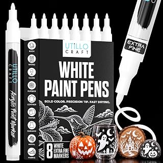 Utillo Craft White Paint Pen (8-Pack), 0.7mm Extra Fine White Paint Markers | Bold Color Permanent White Acrylic Paint Pen for Metal, Fabric, Wood, Glass, Paper, Plastic, Rock, Leather | Artist DIY