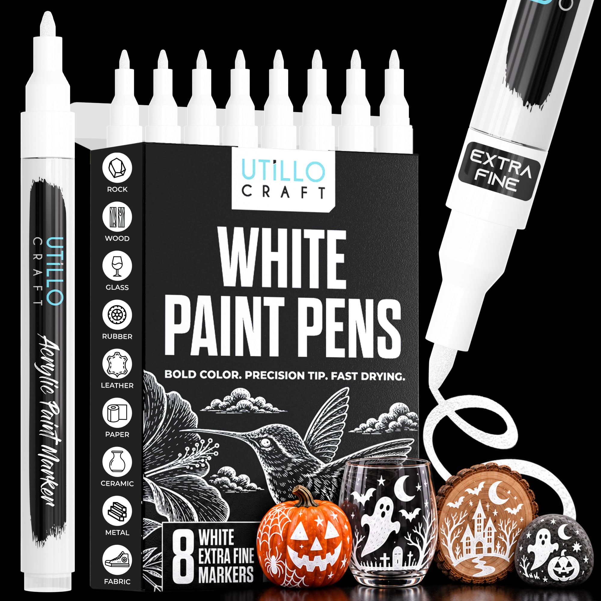 Utillo Craft White Paint Pen (8-Pack), 0.7mm Extra Fine White Paint Markers | Bo