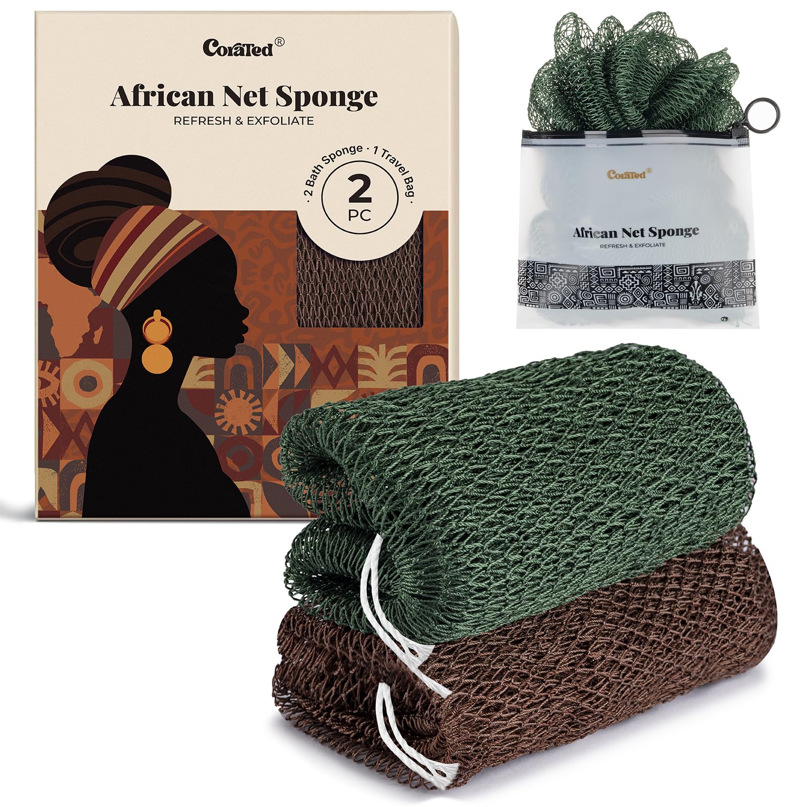 CORATED African Net Sponge Authentic, Shower Loofah Exfoliating Bath Sponge | Bo
